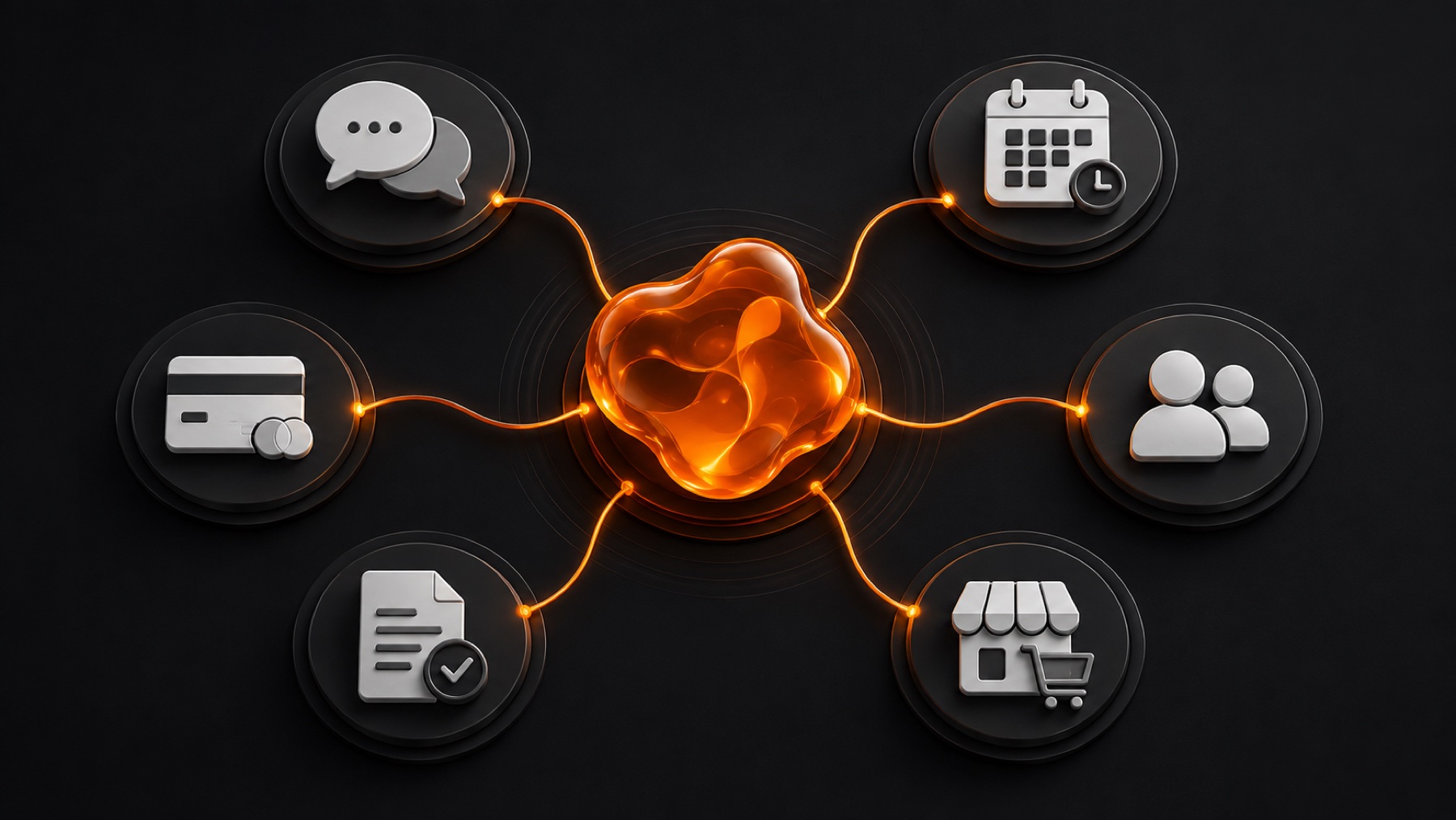 Núcleo naranja de inteligencia artificial conectado con mensajes, citas, pagos, clientes, documentos y comercio electrónico